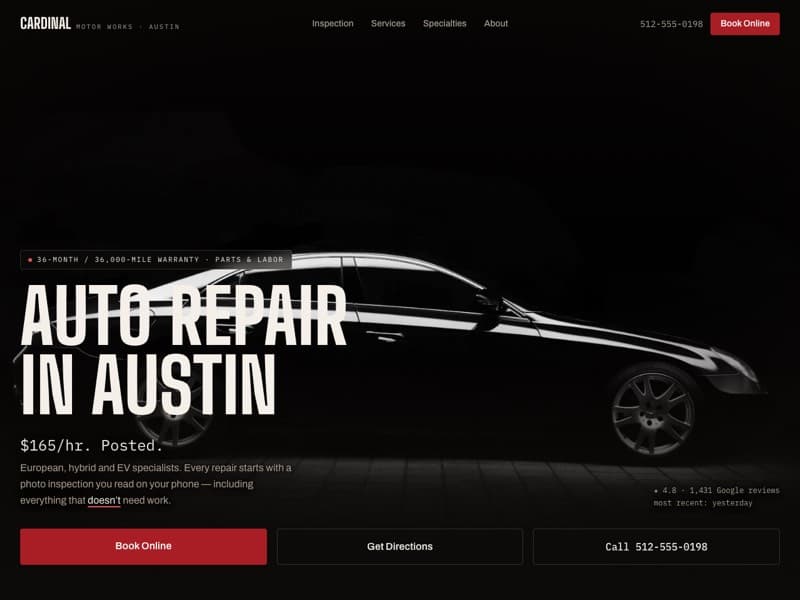 Screenshot of the Cardinal Motor Works demo home page (Auto repair, Austin, TX)