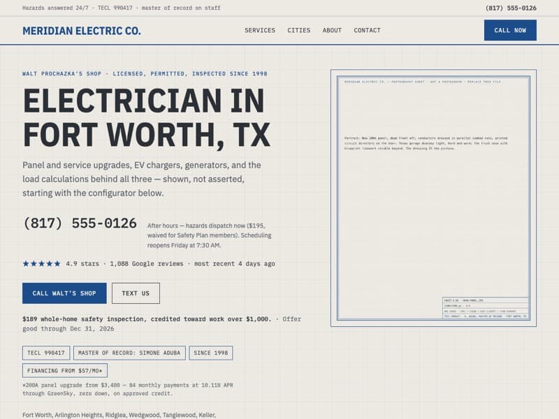 Screenshot of the Meridian Electric Co. demo home page (Electrical, Fort Worth, TX)