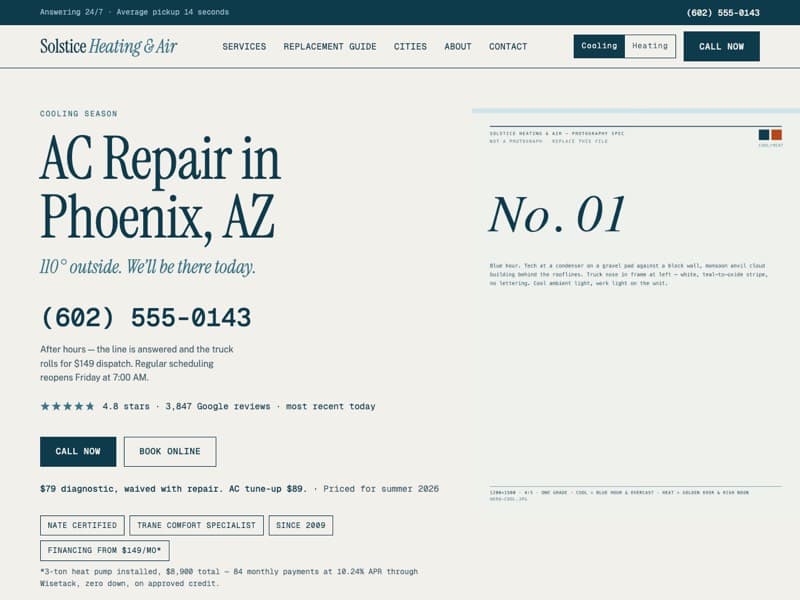 Screenshot of the Solstice Heating & Air demo home page (HVAC, Phoenix, AZ)